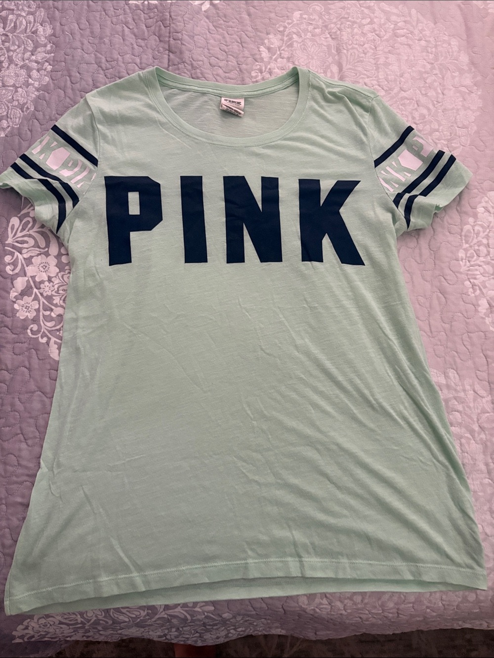 PINK Victoria's Secret Mint Green Tee with Navy Logo